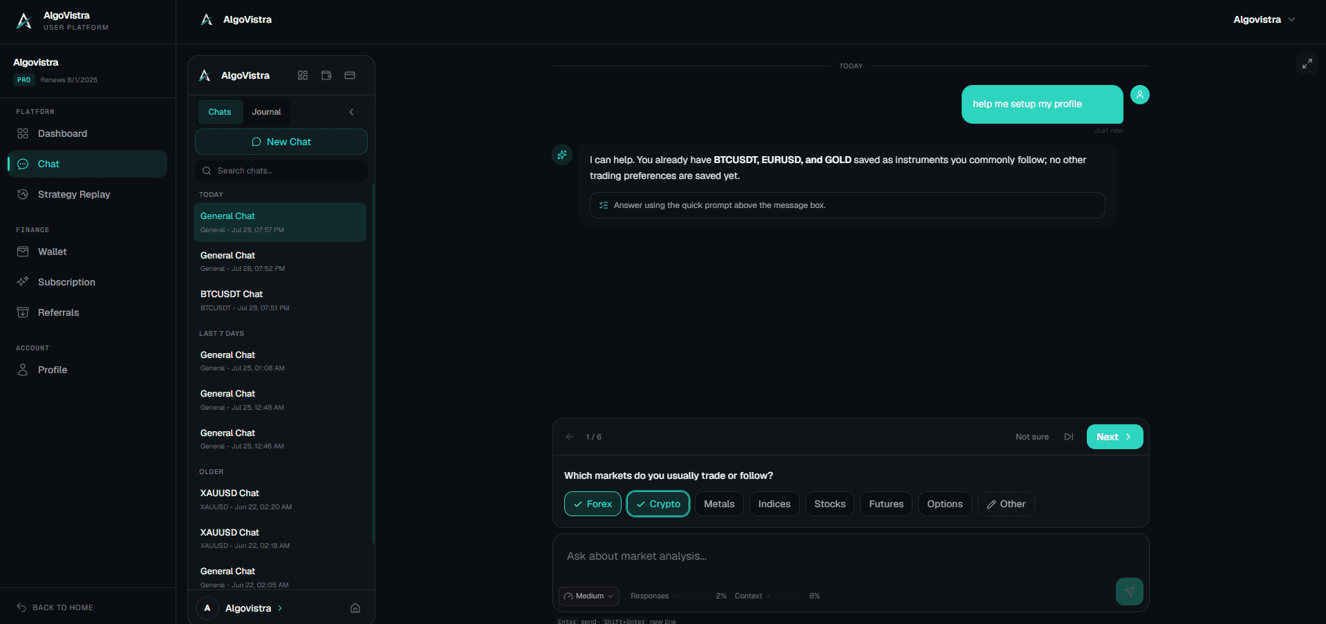 AlgoVistra trader profile setup for personalized market context