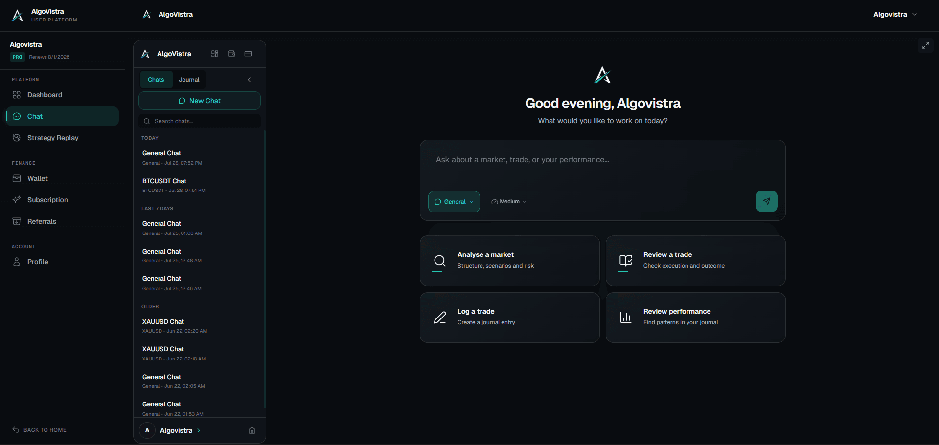 AlgoVistra workspace with supported forex, crypto, gold, and index markets