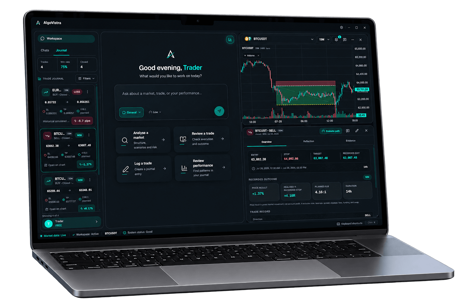 AlgoVistra Desktop showing the trading workspace, conversation sidebar, and a live Bitcoin chart